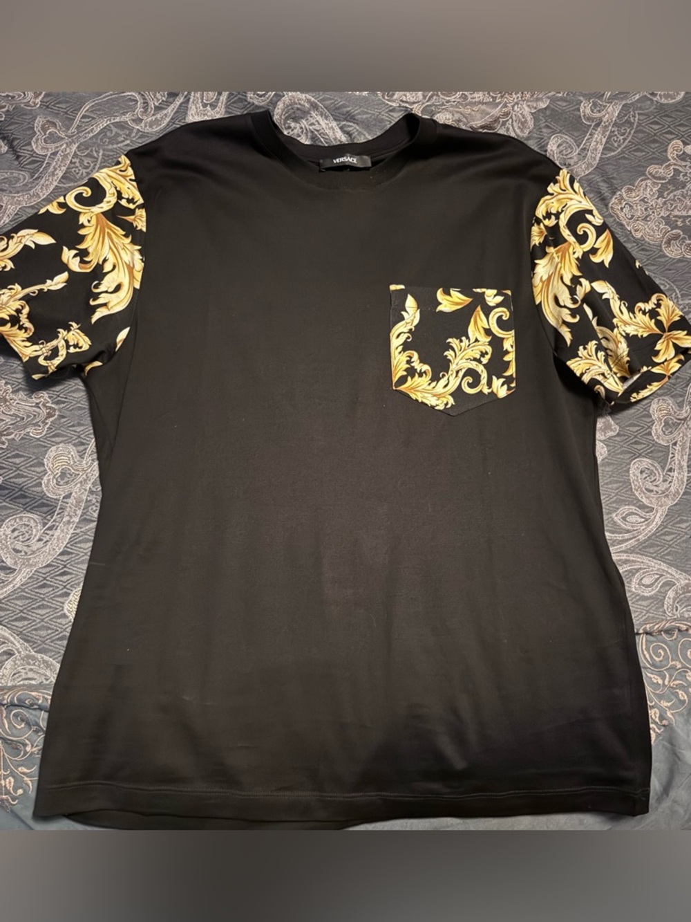 Versace Black T-Shirt with Gold Baroque Print Sleeves & Pocket